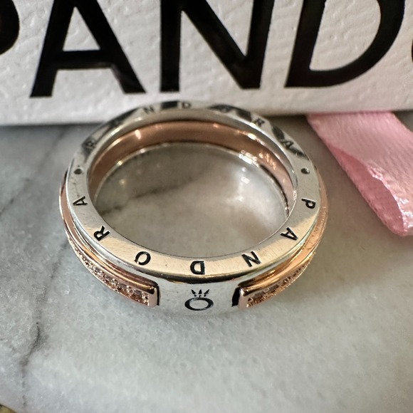 Pandora Jewelry - Genuine Pandora Rose Gold Signature Two-Tone Logo Pave Ring 182773C 58 (9)